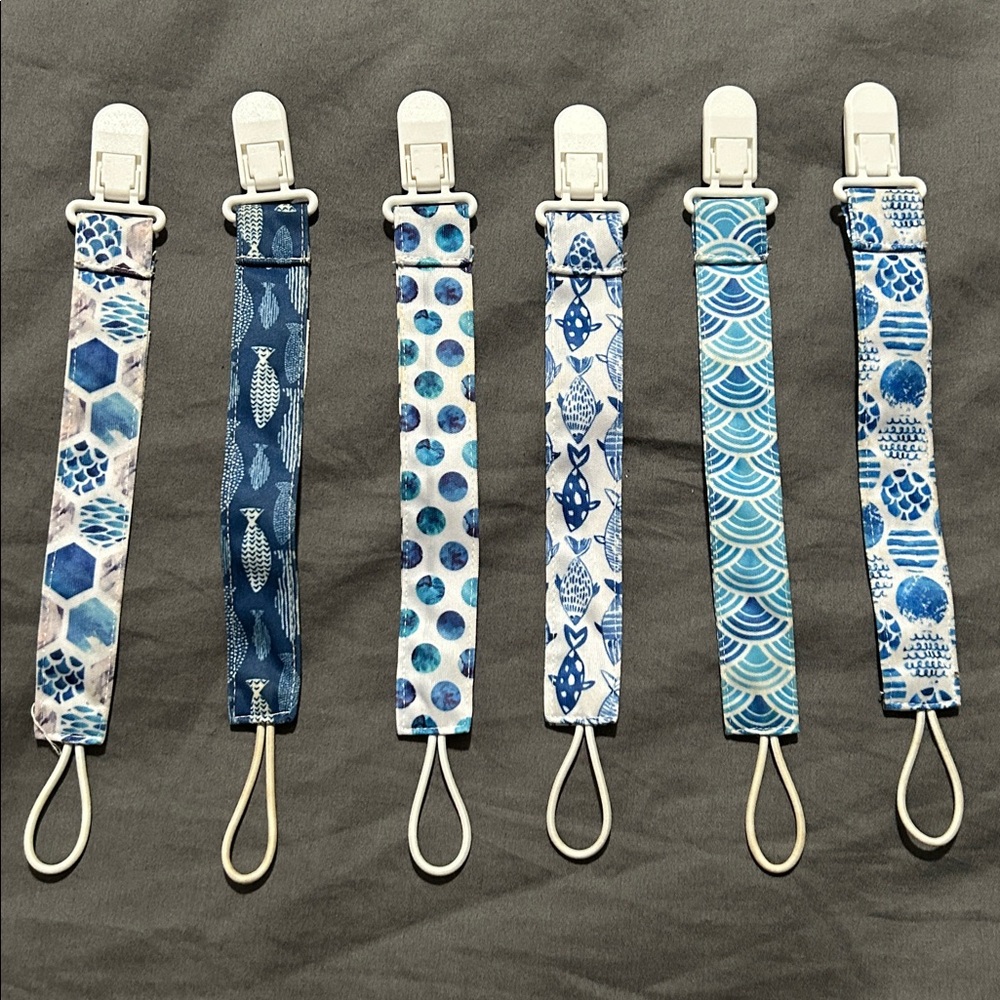 Nautical Ocean Fish Blue and White Pacifier Clips Set of 6 - Binky Clips
